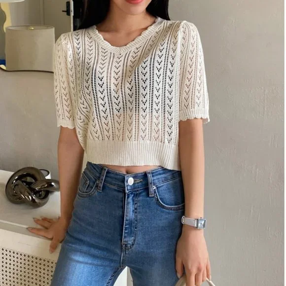 Scallop Trim Crop Pointelle Knit Top - Picture 2 of 4